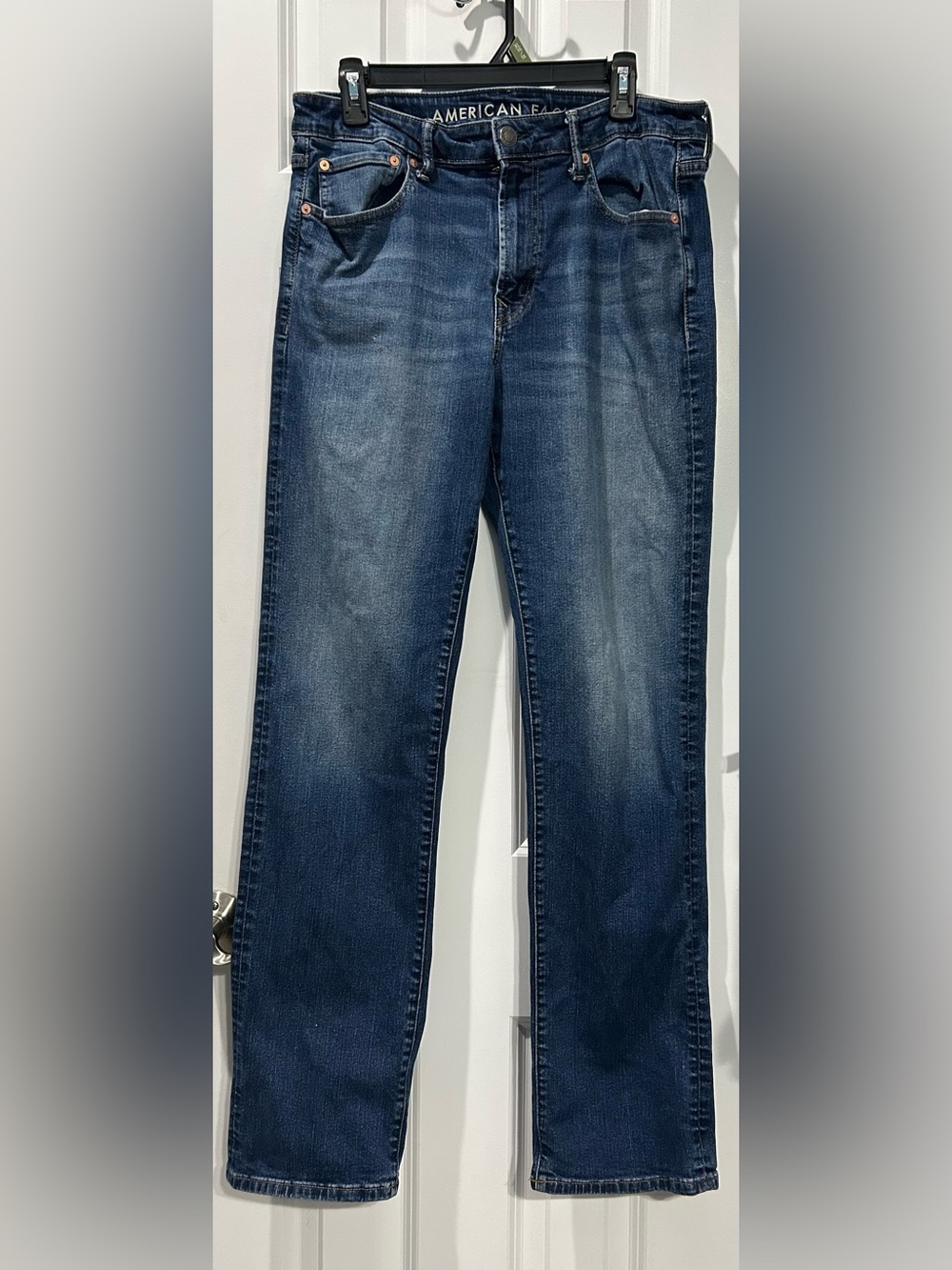 American Eagle Jeans Men 34x34 Airflex Relaxed Straight Blue Denim Whiskers Drk
